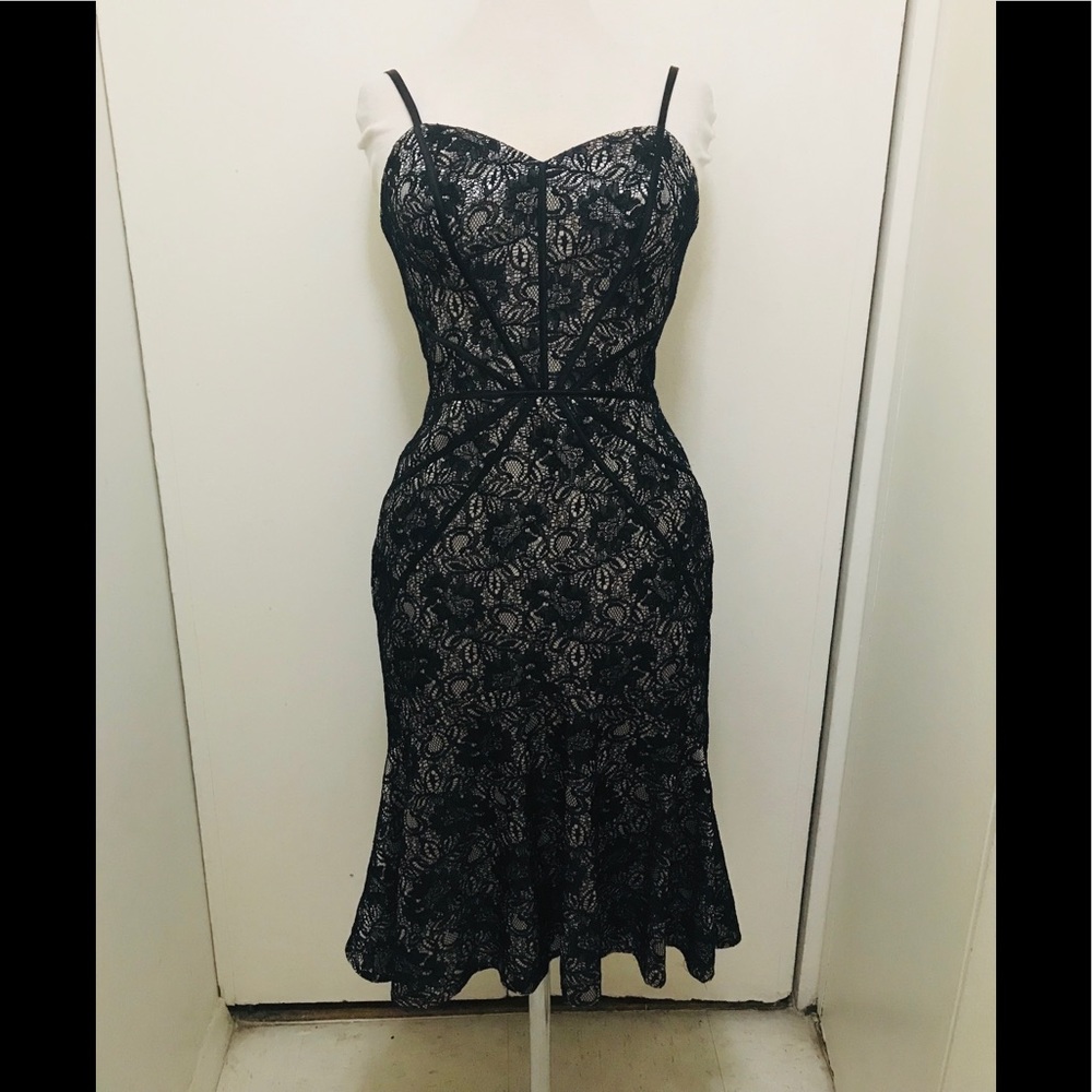 Zac Posen Black Lace Over Nude Strappy Midi Dress